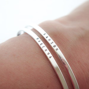 Sterling Silver Personalized Bangle Bracelet Jewelry - Custom Stamped Gift for Her Personalized - Hand Stamped by Betsy Farmer Designs