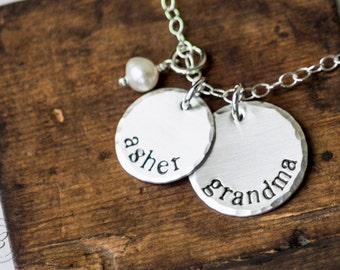 Grandma Necklace with Grandchild Initial - Hand Stamped Jewelry Sterling Silver