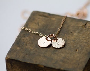 Rose Gold Tiny Initials Necklace / 14k Gold Fill Hand Stamped Delicate Discs Necklace Personalized Customizable by Betsy Farmer Designs