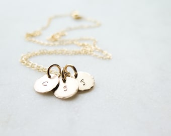 Dainty Initial Necklace / 14k Gold Fill Hand Stamped Tiny Discs Necklace Personalized Customizable by Betsy Farmer Designs