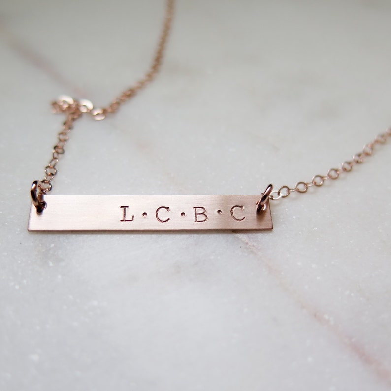 Custom Bar Necklace with Initials 14k Rose Gold Fill Necklace Hand Stamped Jewelry by Betsy Farmer Designs Dainty Jewelry Gift image 1