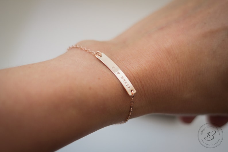 Rose Gold Fill Bar Bracelet Personalized Nameplate Customized Roman Numerals Hand Stamped Sterling Silver and 14 Kt Gold Fill Available Also image 1