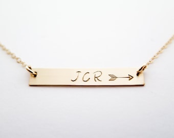 Personalized Initials with Arrow - 14k Gold Fill Bar Necklace - Hand Stamped Jewelry by Betsy Farmer Designs - Dainty Jewelry Gift