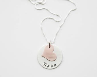 Nana Necklace with Heart - Sterling Silver and 14k Gold Fill - Hand Stamped Jewelry Necklace by Betsy Farmer Designs