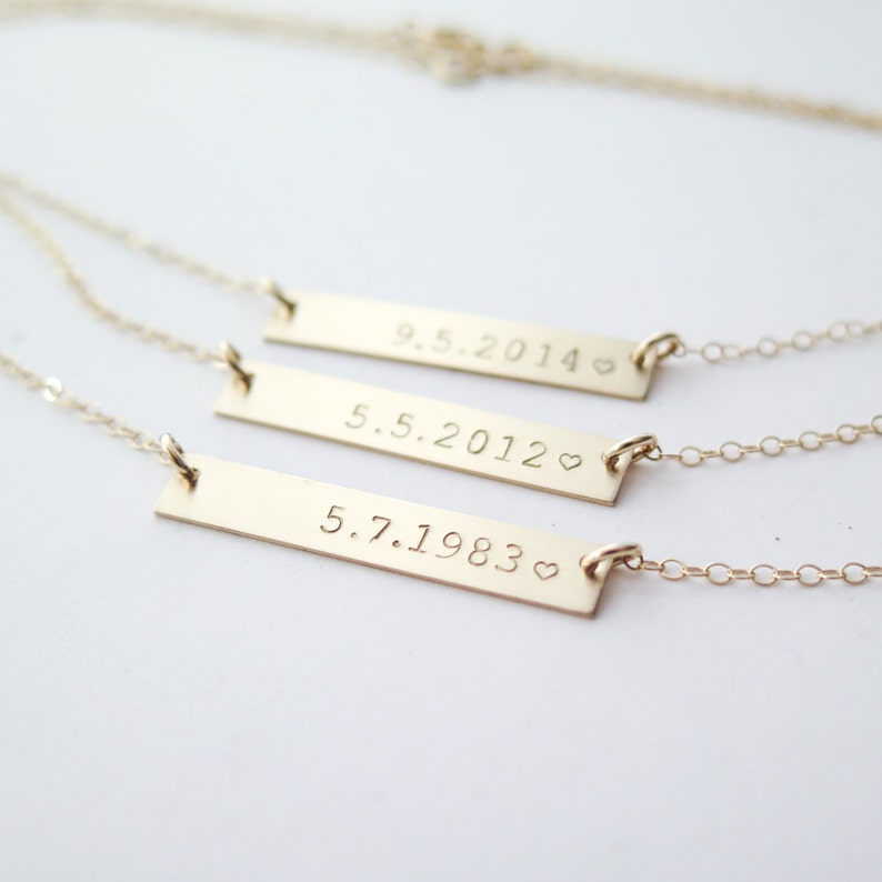 Personalized Date Custom Gold Fill Bar Necklace Hand Stamped Jewelry by Betsy Farmer Designs image 1