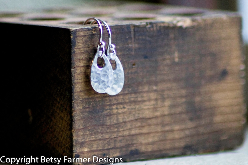 Simple Dainty Teardrop Sterling Silver Earrings Rustic Hammered Finish image 2