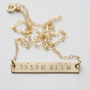 Coordinates Latitude and Longitude Customized Gold Bar Coordinate Jewelry Hand Stamped Jewelry Necklace by Betsy Farmer Designs image 1