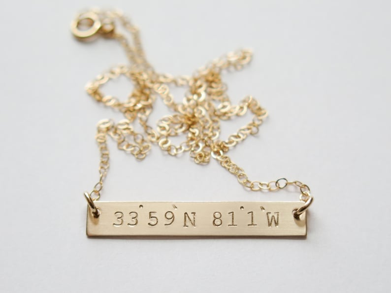 Coordinates Latitude and Longitude Customized Gold Bar Coordinate Jewelry Hand Stamped Jewelry Necklace by Betsy Farmer Designs image 1