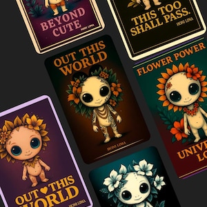Conjunto de cartões postais alienígenas com personagens fofos da galáxia e citações inspiradoras, arte para impressão para presente de diário HONI LIMA