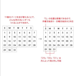 May include: A diagram showing how to create a calendar using 11 individual pieces. The diagram shows a calendar with the days of the week labeled S, M, T, W, T, F, S. The calendar is designed to be flexible, allowing for both Monday and Sunday start dates. The text "29", "30", and "31" are highlighted, indicating that these days can be removed depending on the month.