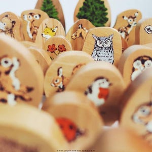 Sello de goma Mori No Kodomo no Kao descatalogado: animales, oso, búho, pájaro, abeja, erizo, árbol, flor, hoja, cordero y ardilla.