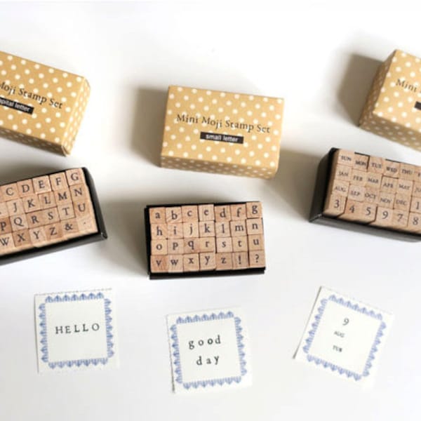 Tampons Petit Moji J/Q (NOUVEL emballage) par Kodomo No Kao, alphabets, faute de frappe, date, police