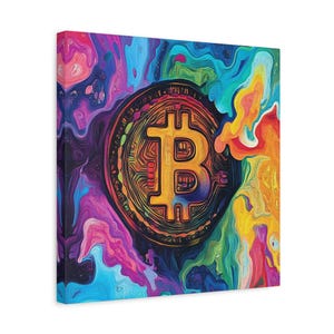 Bitcoin Canvas Art, Liquid Bitcoin: Psychedelic Crypto Flows, Digital Currency Abstract
