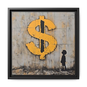 Premium Framed Bitcoin Canvas Art – Almighty Dollar Capitalism Print, Banksy-Inspired Modern Bitcoin Decor