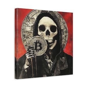 May include: Canvas art print featuring a skeletal figure in a black hooded robe holding a Bitcoin coin. The background is a vibrant red with a circular design behind the figure. The Bitcoin coin has the Bitcoin symbol.