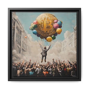 Premium Framed Bitcoin Canvas Art – Ascension Celebration Print, Banksy-Inspired Urban Bitcoin Decor