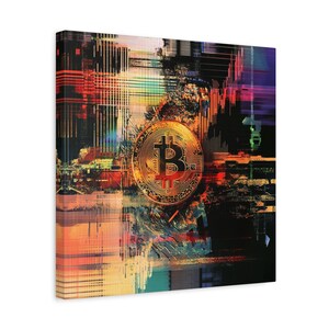 Bitcoin Art Print – Digital Flux Abstract Canvas, Blockchain Revolution Crypto Print, Vibrant Cryptographic Wall Decor