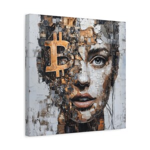 Bitcoin Canvas Art – Digital Identity Fragmented Cryptocurrency Portrait, Glitch Crypto Wall Decor, Abstract Blockchain Artwork