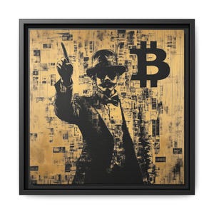 Premium Framed Bitcoin Canvas Art – Crypto Dandy Silhouette Print, Banksy-Inspired Modern Bitcoin Decor