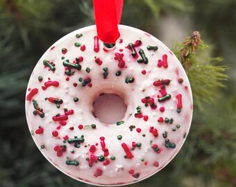 Donut Ornament | Donut Sprinkes Christmas Ornament | Holiday Decor | Ceramic Food Ornament | Baker Gift