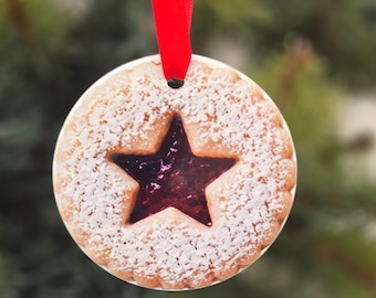 Linzer Cookie Ornament | Christmas Cookie Ornament | Raspberry Linzer Cookie | Ceramic Food Ornament | Baker Gift | Holiday Kitchen Decor