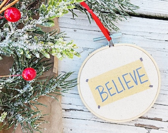 Christmas Ornament Farmhouse Style 3inch Lasso BELIEVE sign Hoop Ornament