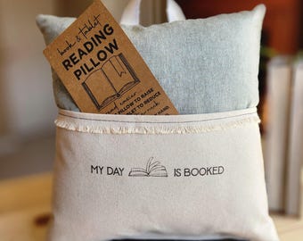 My Day is Booked, Reading Pillow, Tablet Pillow, Moss Green Linen