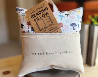 One Book Leads to Another, Reading Pillow, Tablet Pillow, mushroom print