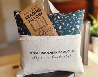 What Happens at Book Club..., Reading Pillow, Tablet Pillow, tiny flower print