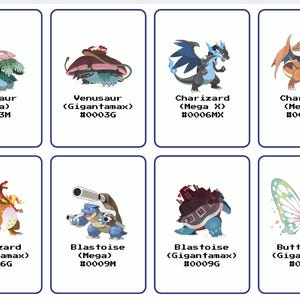 May include: Eight illustrated cards featuring various Pokémon characters. The cards include Venusaur, Charizard, Blastoise, and Butterfree in different forms, with text labels such as "Mega" and "Gigantamax" and unique identification numbers.