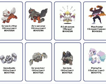 May include: Eight trading cards featuring various Pokémon characters. The cards display images of Growlithe, Arcanine, Alakazam, Machamp, Geodude, Graveler, Golem, and Ponyta, each with their name and a unique identifier.