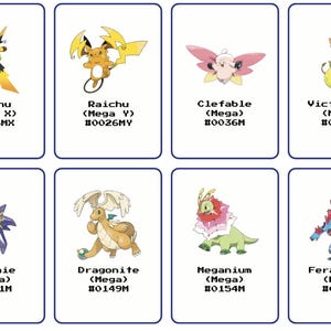 May include: Eight trading cards featuring various Pokémon characters. The cards include Raichu, Clefable, Victreebel, Starmie, Dragonite, Meganium, and Feraligatr. Each card has the Pokémon's name, Mega designation, and a unique number.
