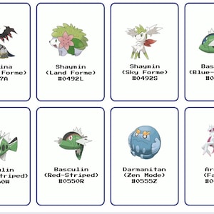 Puede incluir: Ocho cartas coleccionables de Pokémon con ilustraciones de diversas criaturas. Cada carta muestra el nombre del Pokémon, su forma y un número de identificación. Los Pokémon incluyen a Giratina, Shaymin, Basculin, Darmanitan y Arceus.