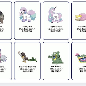 May include: Eight trading cards featuring various Pokémon characters. The cards display images of Golem, Ponyta, Rapidash, Slowpoke, Slowbro, Farfetch'd, Grimer, and Muk. Each card includes the Pokémon's name and a unique identification number.
