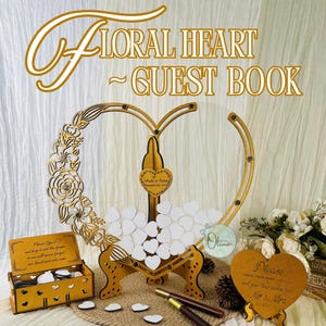Floral Heart Wedding Guest Book Alternative Drop Box Wooden Acrylic Rustic Guestbook Personalized Keepsake for Wedding Reception Decor Gift