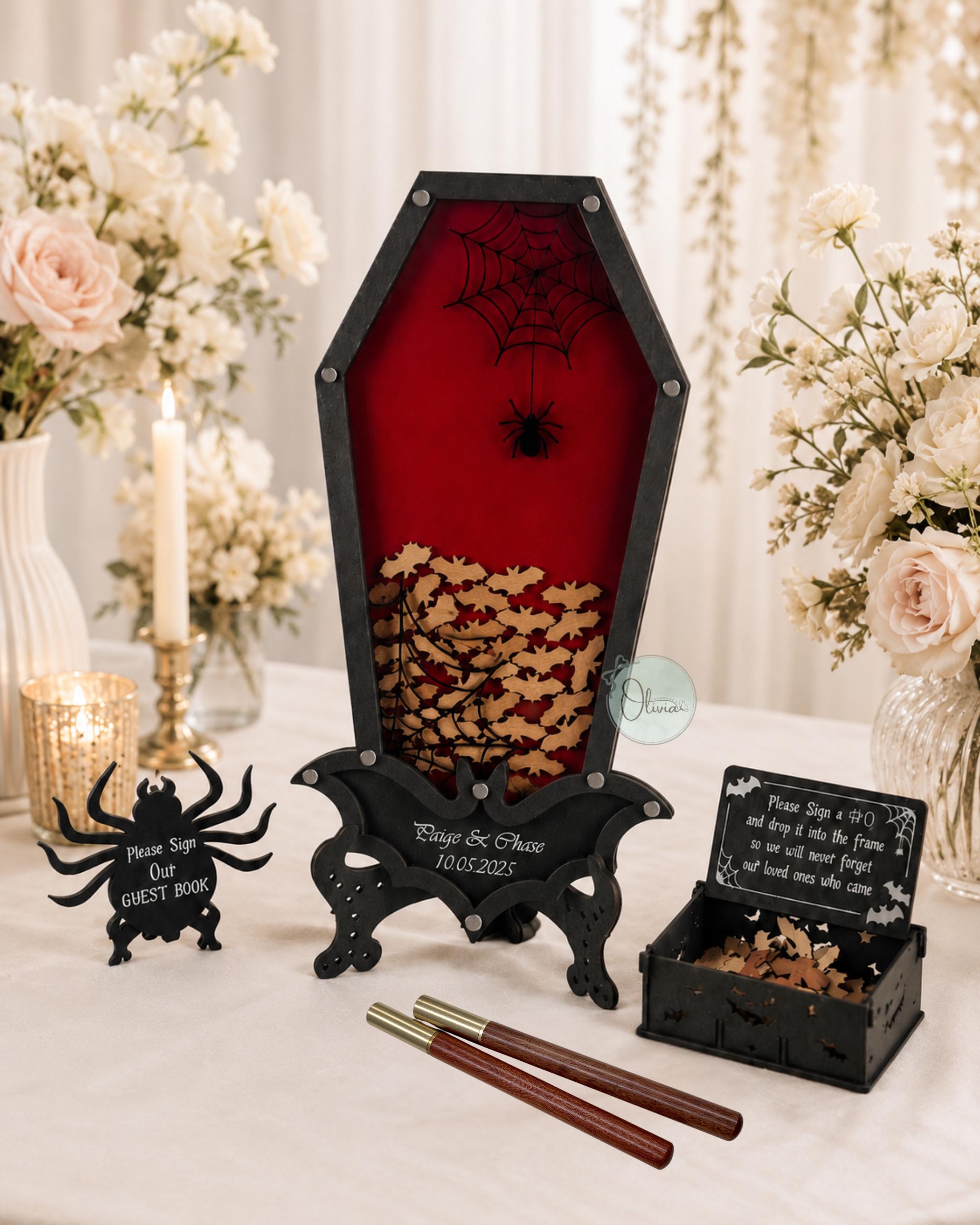 Personalized Halloween Wedding Drop Box, Custom Burgundy Coffin Guest Book Alternative, Wooden Memory Keepsake for Gothic Reception