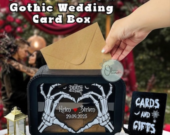 Hucha de madera con ranura para tarjetas de boda gótica, diseño de calavera negra, recuerdo personalizado, sobre personalizado, decoración de Halloween y boda.