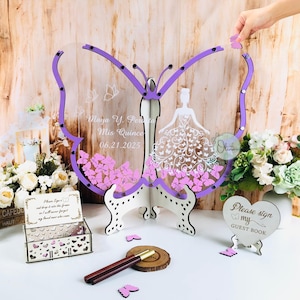 Quinceañera Guest Book Butterfly Drop Box Alternative Wooden Acrylic Guestbook for Sweet XV Birthday Party Keepsake