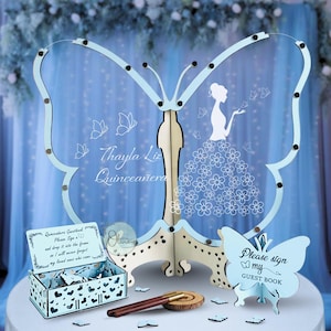 Butterfly Quinceañera Guest Book Alternative Acrylic Fairytale Drop Box Custom Princess Sign In Keepsake for Sweet 15 Or 16 Birthday Party