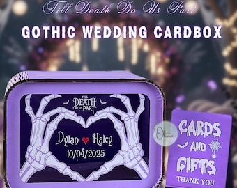 Caja para tarjetas de boda gótica: Diseño de calavera y esqueleto, soporte personalizado
