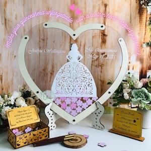Heart Guest Book for Quinceañera Wooden Acrylic Drop Box Alternative Princess Custom Guestbook Keepsake for Sweet 16 Birthday Decor