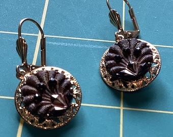 1800s Victorian Black Glass Button Earrings with Gold Luster and Shell Design