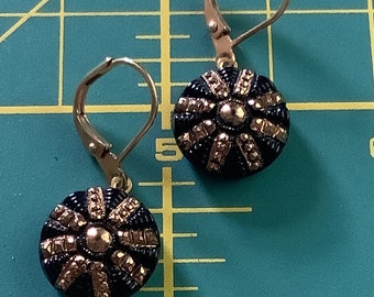 Black Glass Button Earrings With Gold