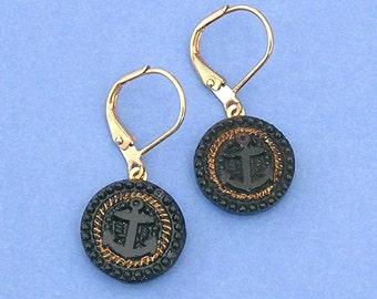 1800s Black Glass Button Earrings with Anchors