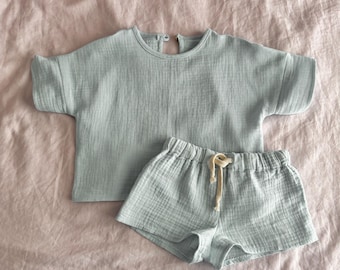 Toddler & Kids Double Gauze Cotton Set | 2-Piece Summer Outfit | Soft Breathable Top and Shorts | Handmade Loungewear for Boys and Girls