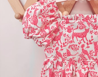 Toddler & Baby Puff Sleeve Dress | Pink Woodland Animal Print | Cottagecore Cotton Party Dress | Summer Birthday Outfit | 0-3m to 10y