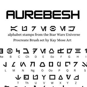 May include: A white graphic featuring the Aurebesh alphabet from the Star Wars universe. The text "AUREBESH" is at the top, with alphabet stamps below. The text "alphabet stamps from the Star Wars Universe Procreate Brush set by Kay Mose Art" is also included.