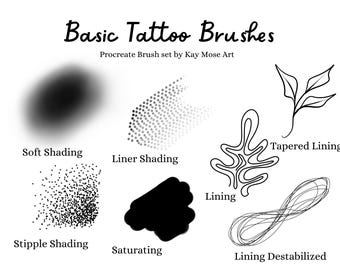 May include: A white background features a collection of tattoo brushes for Procreate. The brushes include Soft Shading, Liner Shading, Stipple Shading, Saturating, Lining, Tapered Lining, and Lining Destabilized. The text "Basic Tattoo Brushes" is at the top.