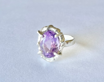 Large Faceted Amethyst Hand Made Ring in Sterling silver