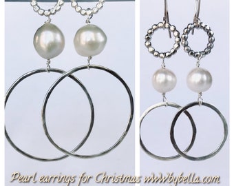 Large Pearl and silver hoop earrings